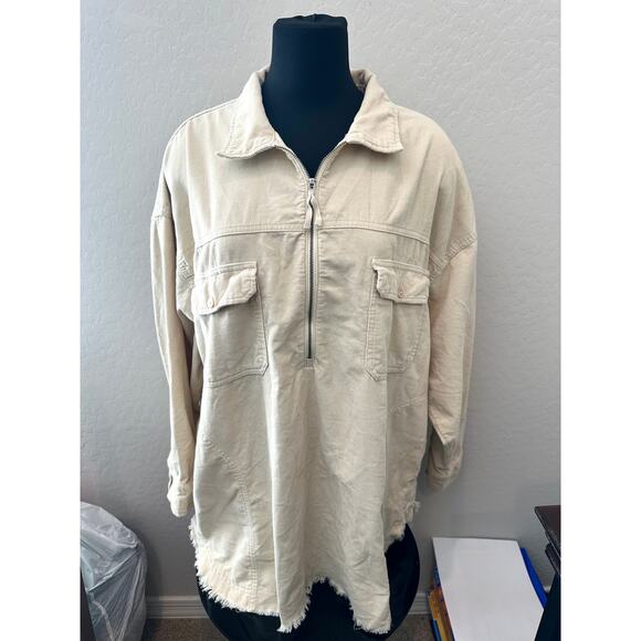 OFFLINE AERIE | Corduroy Half Zip Pullover Shacket Jacket Tan Frayed Hem | XL - Picture 2 of 8